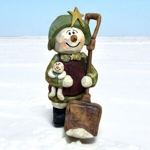 Blossom Bucket SUZI Skoglund Americana Snowman w/Baby & Shovel 7" Figurine EUC